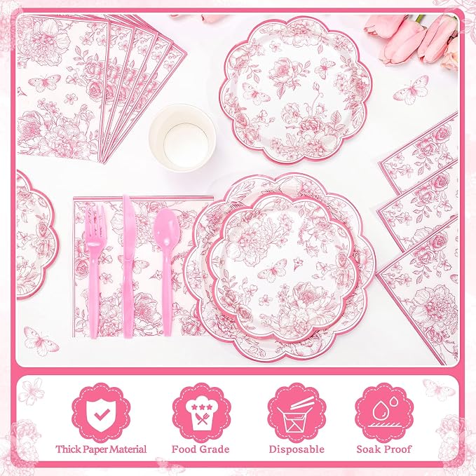 NatNarr 25 Set Pink Floral Party Supplies Include Plates Napkins Cups | - Image 4