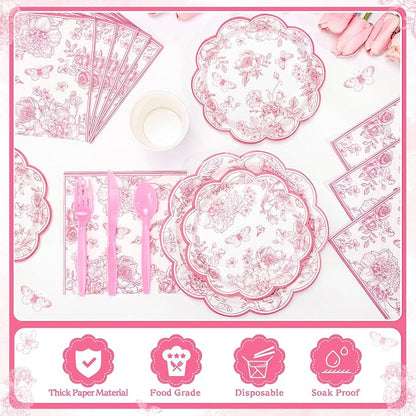 NatNarr 25 Set Pink Floral Party Supplies Include Plates Napkins Cups | - Image 4