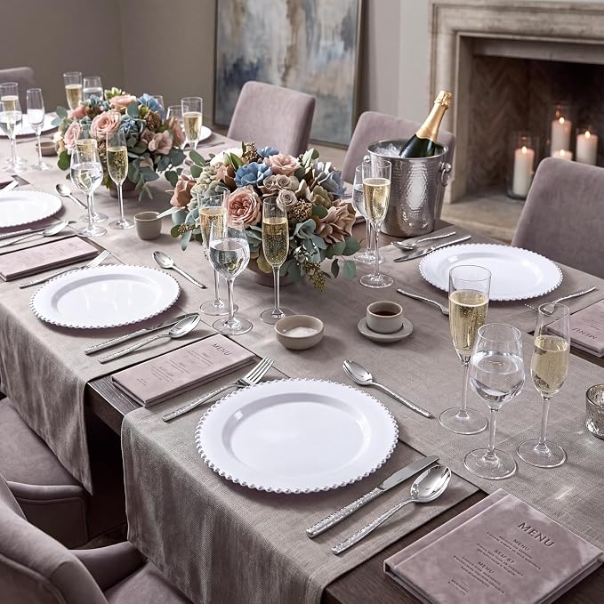 100Pcs White Plastic Dinner Plates Beaded Silver Plastic Plate Set | Heavy Duty - Image 9