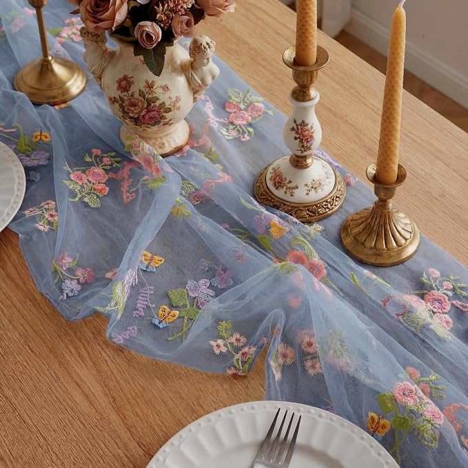 Blue Floral Table Runner 10ft Embroidery Tulle Spring Wildflower Table Runner - Image 4