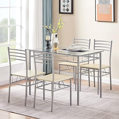 VECELO Kitchen Dining Room Table and Chairs 4, 5-Piece Dinette Sets, Space Saving (Silver)