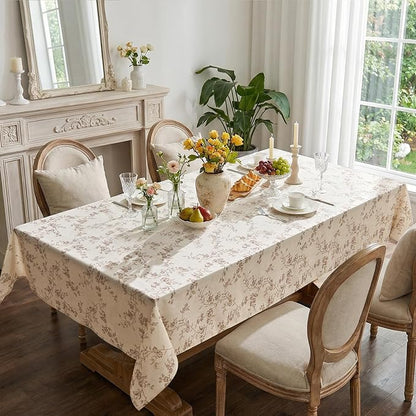jinchan Taupe Farmhouse Floral Linen Rectangle Table Cloth 52 x 70 Inch | - Image 3