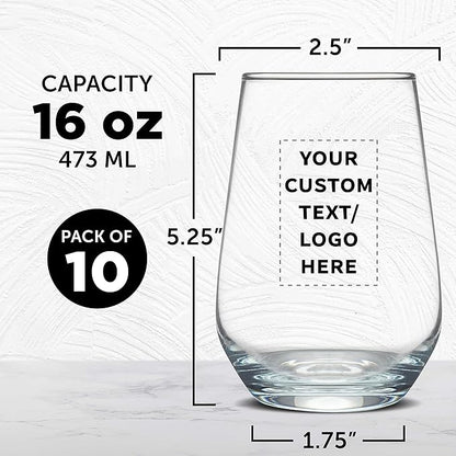 DISCOUNT PROMOS 10 Vaso Silicia Stemless Wine Glasses Set, 16 oz. - Personalized Text, Logo - Clear, Orb-Like, Thick base - Clear