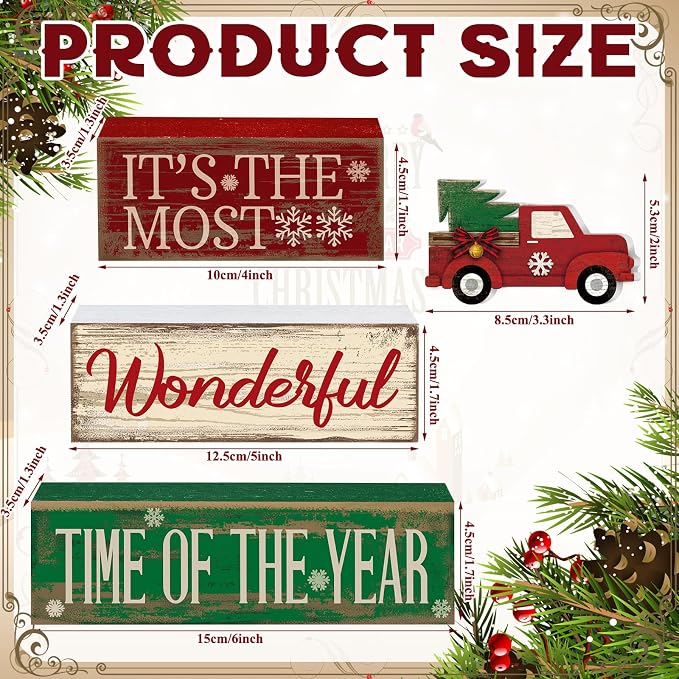 Moucuny 4 Pcs Christmas Decor Wooden Red Truck Winter Tiered Tray Decor Rustic - Image 3