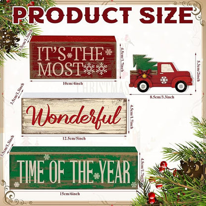 Moucuny 4 Pcs Christmas Decor Wooden Red Truck Winter Tiered Tray Decor Rustic - Image 3