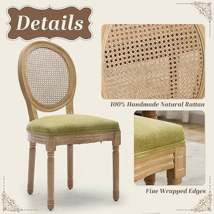 SoarFlash French Dining Chairs Set of 6, Vantage Dining Chair with Round Back, Wood Leg Farmhouse Country Rattan Dining Chair for Kitchen,Bedroom,Olive Green