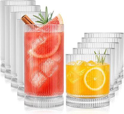 KEMORELA Ribbed Glassware Set of 8—4 Large Capacity Highball Glasses 16oz by KEMORELA