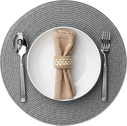Round Placemats Set of 4 Plastic Woven Placemats Washable Wipeable Table Mats for Dining Table Heat Resistant Non-Slip Circle Place Mats (Gray)