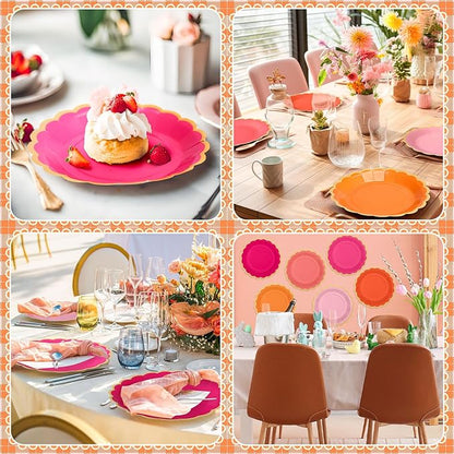 48 Pcs Pink and Orange Paper Plates 9 Inch Scalloped Paper Plates Disposable Dinner Dessert for Birthday Wedding Bridal Party Supplies, 6 Colors