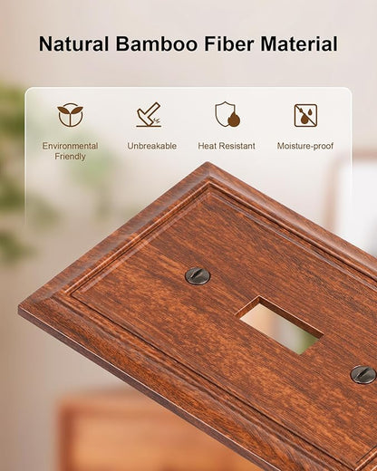 6-Pack Single Toggle Light Switch Cover Plate, Durable Natural Bamboo Fiber Decorative Switch Plate Covers, Wood Grain 1 Gang Wall Plate, Corrosion Resistant