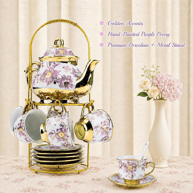 20Pcs Porcelain Tea Set with Metal Holder and Spoon, Floral Adult Tea Sets with - Image 2