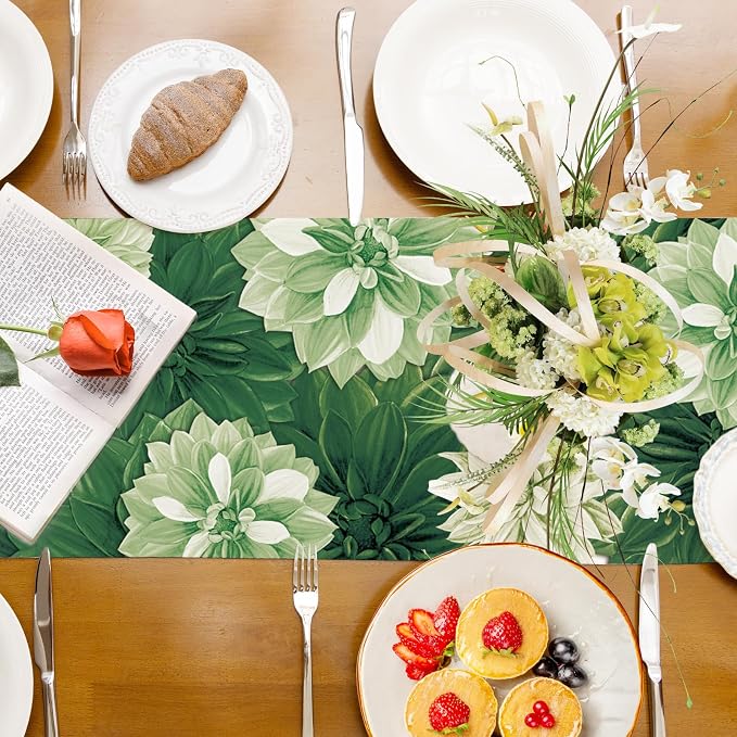 Green Dahlia Flower Table Summer Runner Sage Green Burlap Table Runners - Image 8