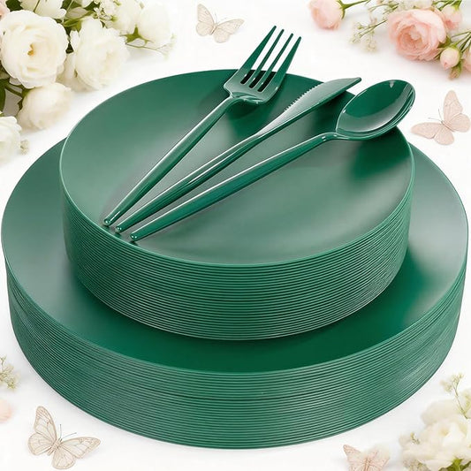 EI 150pcs Green Plastic Plates,Green Disposable Plates Heavy Duty,Fancy Plastic Dinnerware Set,Dinner Plate for Party,Picnic,Birthday,Wedding Afternoon Tea Spring