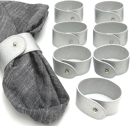 Luxury Leather Napkin Rings Set of 8, Silver, Morgan Faux Style, Modern Cuff Design for Wedding Party Decorations, Kitchen, Holiday Table,Rust Proof,Hotel, Home, Table Accessories, Dining
