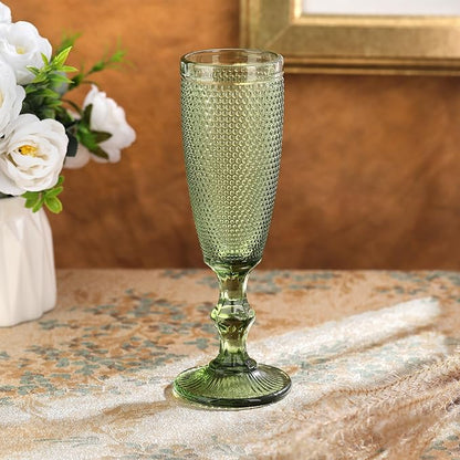 Joeyan Green Vintage Champagne Flutes Glasses Cups,Embossed Colored Toasting Goblet Glasses,Stemmed Hobnail Beaded Glassware for Wedding Anniversary Birthday Party,5 oz,Set of 4,Dishwasher Safe