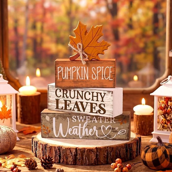 Moucuny 4 Pcs Fall Decor Wooden Maple Leaf Decoration Thanksgiving Tiered Tray - Image 6