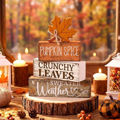 Moucuny 4 Pcs Fall Decor Wooden Maple Leaf Decoration Thanksgiving Tiered Tray - Image 6
