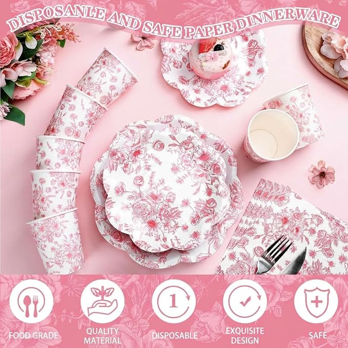 250 Pcs Pink Floral Disposable Paper Plate Napkins | Disposable Paper Set - Image 3