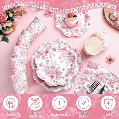 250 Pcs Pink Floral Disposable Paper Plate Napkins | Disposable Paper Set - Image 3