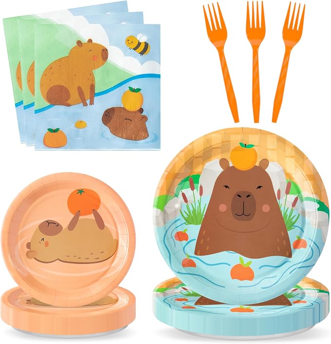 96Pcs Capybara Cute Cartoon Animal Orange Party Plates Supplies Tableware by G1ngtar