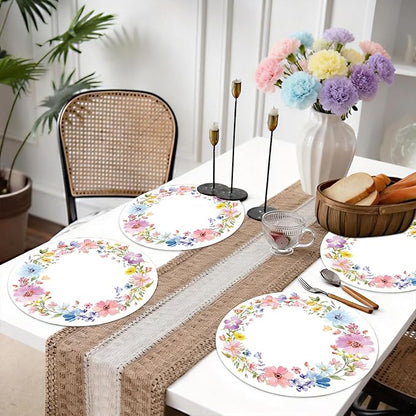 50PCS Floral Placemats Vibrant Watercolor Wildflower Disposable Paper Placemats Round Table Mats for Summer Parties, Weddings & Brunch