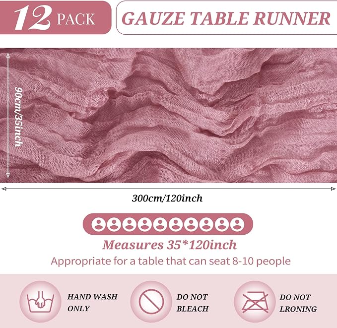YMHPRIDE 12 Pack Cheesecloth Table Runner 35x120in Dusty Rose Table Runner | - Image 2