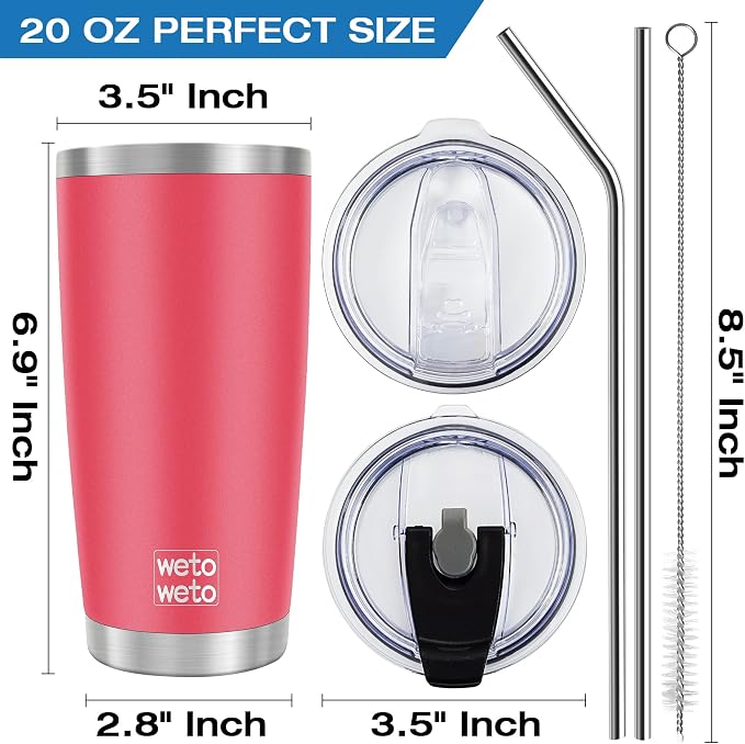 WETOWETO 20oz Tumbler with 2 lids and 2 straws, Stainless Steel Vacuum - Image 3