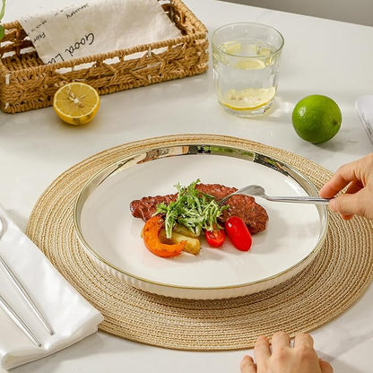 LETAOTAO Dinner Plates, Ceramic dinner Plate Set of 4, 10 inch White Serving Plates with gold trim, Stripe Texture Back, Large Pasta and Salad Plates, Dishes Set with Lipped Edges for Kitchen