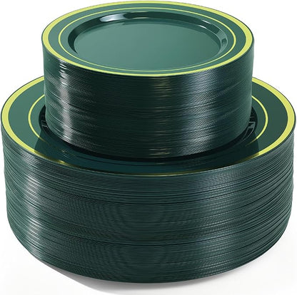 200PCS Green Plastic Plates, Green Disposable Plates with Gold Rim Include 100 Dinner Plate 10 inch and 100 Dessert Plate 7 inch Perfect for Party & Wedding