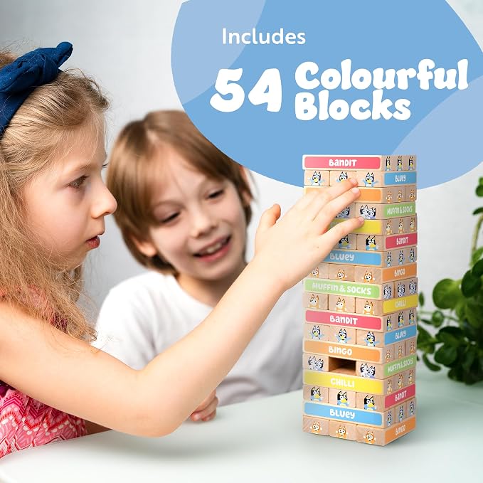 Bluey Tumbling Tower Game, 54 Illustrated Wooden Blocks, Ages 3+ - Image 5