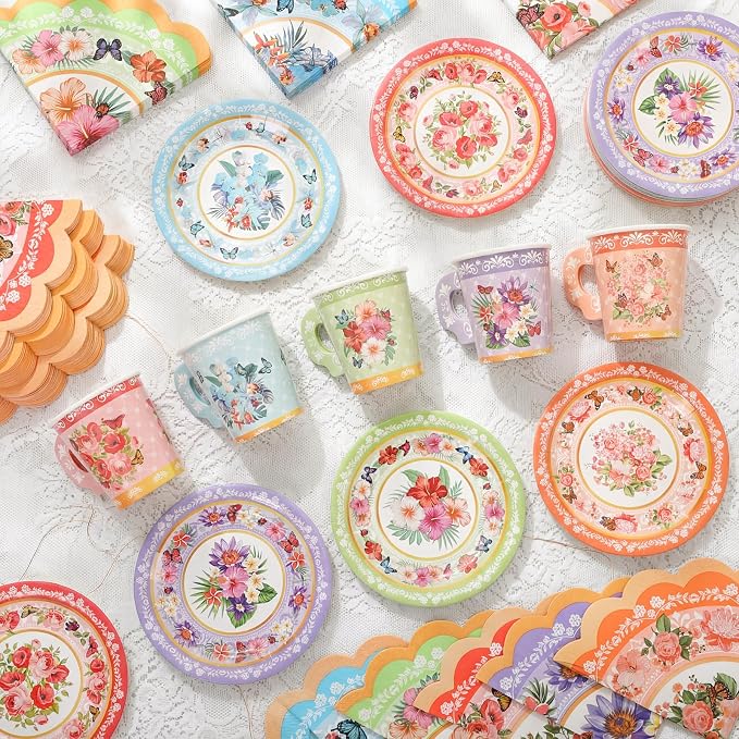 Nuogo 300 Pcs Vintage Floral Disposable Tea Party Set - Image 7