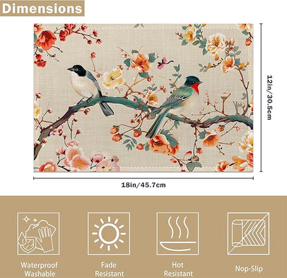 Vintage Bird Painting Placemats Set of 6, Linen Washable for Christmas, Thanksgiving, Party, and Daily Dining, Decorative Table Mats for 4-6 Person Table
