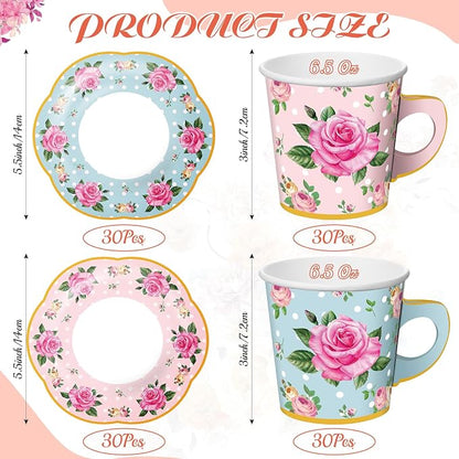 Umigy 60 Sets Floral Tea Party Decorations 6.5 oz Floral Paper Teacups & Saucer - Image 2