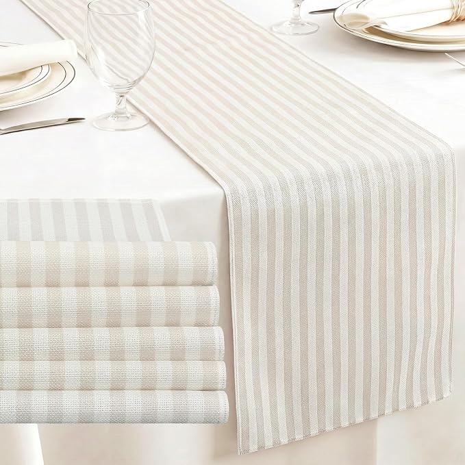 6 Pcs Beige and White Stripe Table Runner, 13 x 72 Inch | Linen Kitchen Dining by Unknown