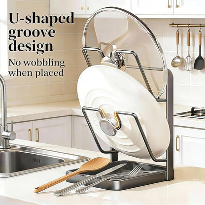 Kitchen Pot Lid Storage Rack, Stainless Steel Lid Holder with Removable Drip Tray, Double-Layer Countertop Organizer
