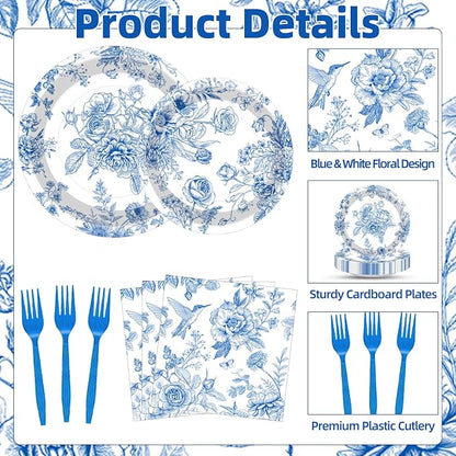 100 Pcs Blue and White Floral Tableware Party Supplies Set, Serves 25 – - Image 3