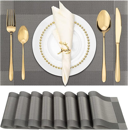 Winknowl Placemats for Dining Table Set of 8 Waterproof, Woven Place Mats for Kitchen Table Vinyl Heat Insulation Stain Resistant Placemats (Gray)
