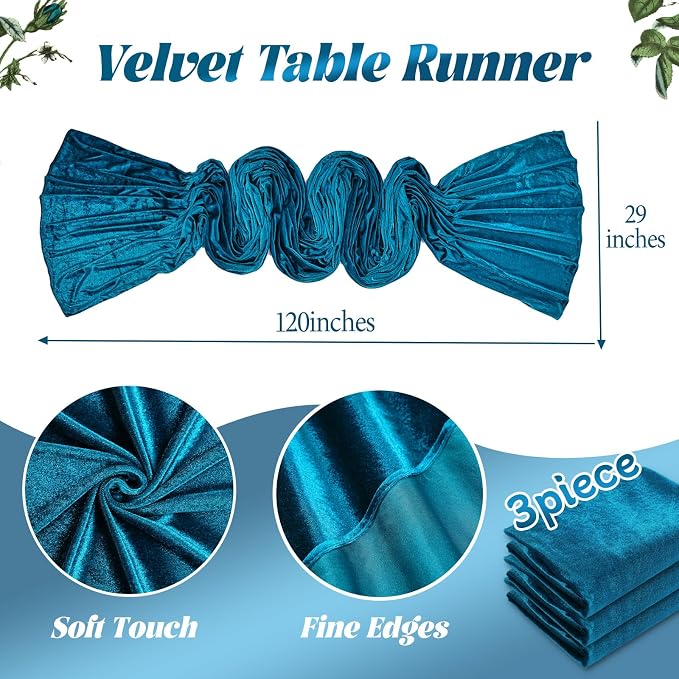 Peacock Blue Velvet Table Runner 29x120 Inch Luxury Retro Thick Runners | 3 - Image 2