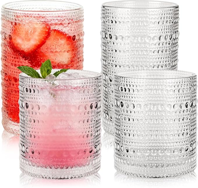 Hobnail Drinking Glasses Set of 4, 10oz Kitchen Water Glasses Cup & 12oz by Salpae