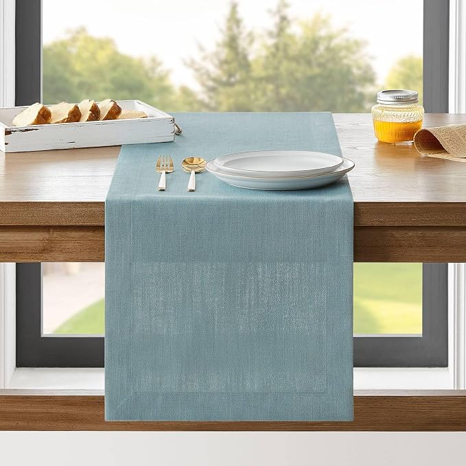 Linen Textured Border Table Runner, 14 x 108 Inch Blue | Mitered Corner Design by ZEEMARTONLINE