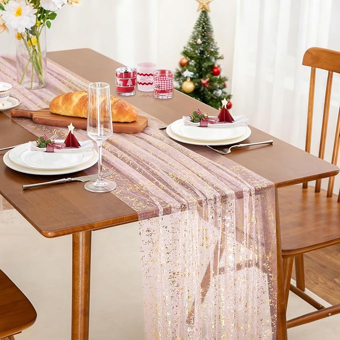 SiinvdaBZX 4 Pcs Light Pink Sheer Tulle Table Runner 120 Inch/10 Ft Long | - Image 2