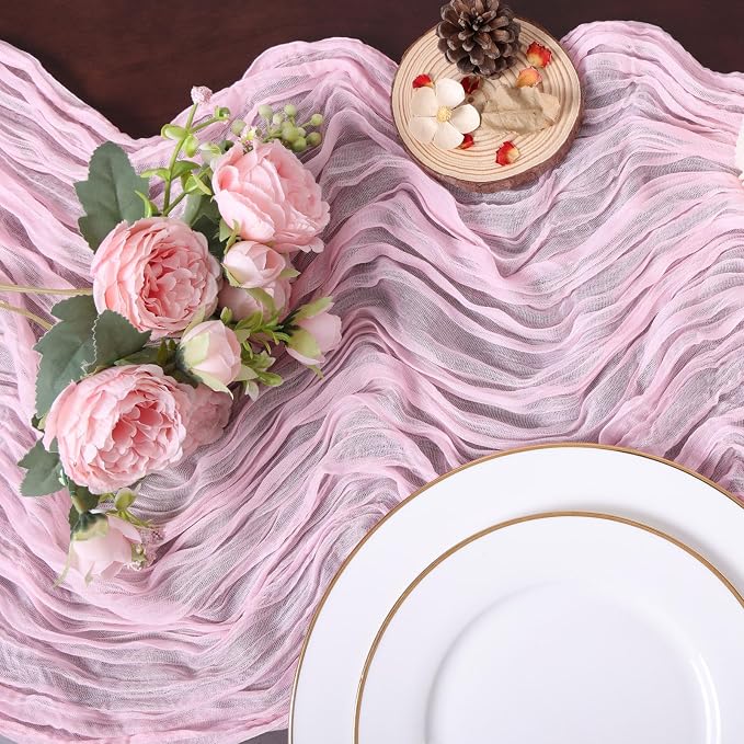 Light Pink Cheesecloth Table Runner 35 x 157 Inch Boho Gauze Table Runner - Image 4