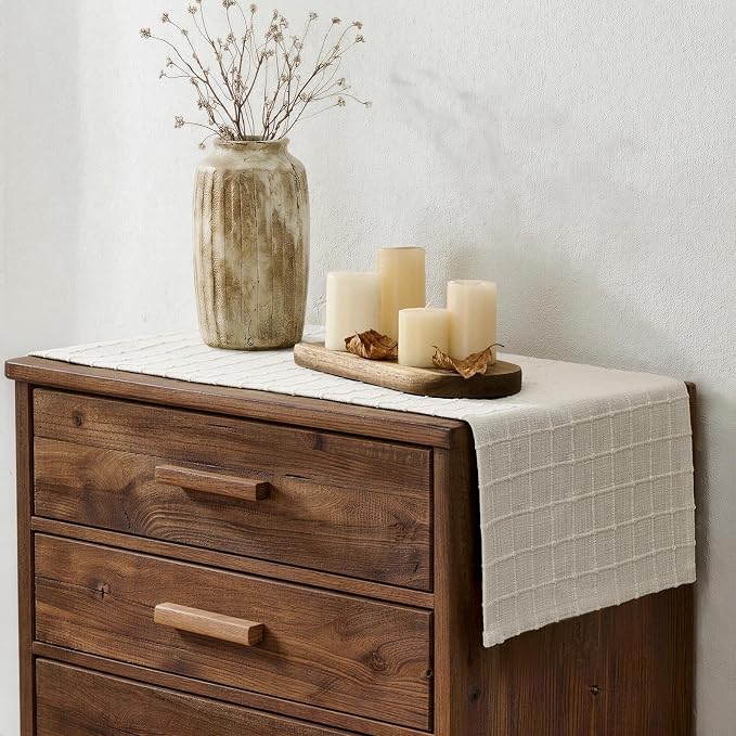 Artisanal Grid Linen Table Runner, 13x90 Inches Ivory | Heavy Textured - Image 3