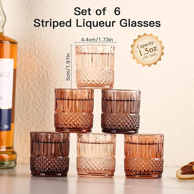 JOVGANK Mini Amber Shot Glasses Set of 6 – 1.5oz Small Fancy Vintage Ribbed - Image 2