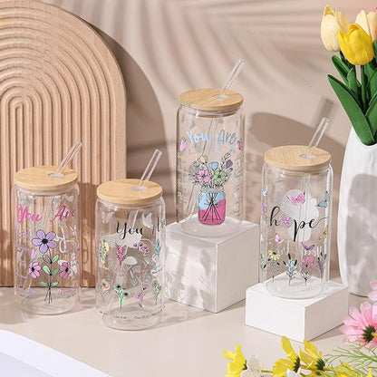 Mumufy 4 Pack Wildflower Glass Cups Gift Aesthetic Cute Glass Cup Tumbler - Image 5