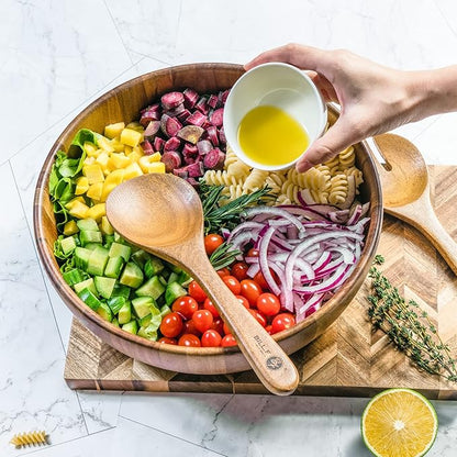 BILL.F Wooden Salad Bowl, 12'' Acacia Wood Salad Bowls Set Large Salad Mixing Bowl with Servers-3-Piece Big Salad Bowl Set