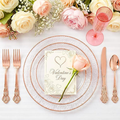 102PCS Rose Gold Plastic Plates - Clear Rose Gold Disposable Plates Include 51PCS 7.5inch Dessert Plate 51PCS 10.25inch Dinner Plate Perfect for Weddings Valentine's Day Parties