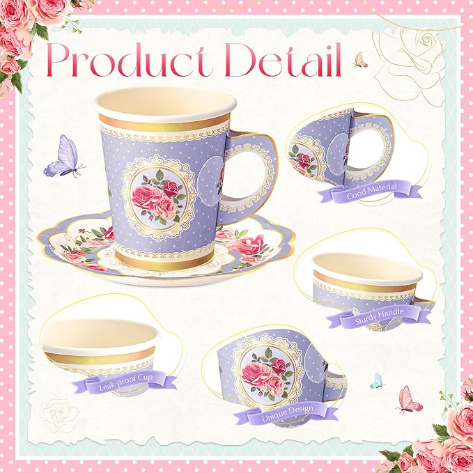 Tioncy 100 Pcs Tea Party Decorations Include 50 Pieces 9 oz Paper Tea Cups - Image 3