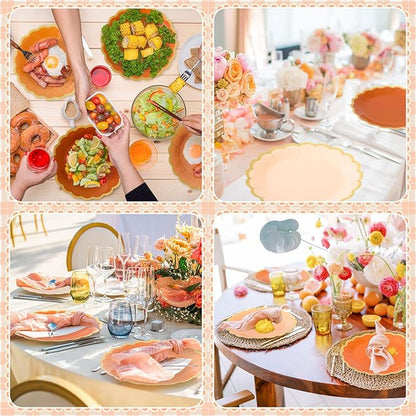 48 Pcs Beige-Orange Peach Paper Plates 9 Inch Gradient Scalloped Paper Disposable Dinner Dessert Plates for Birthday Wedding Bridal Party Supplies, 6 Colors
