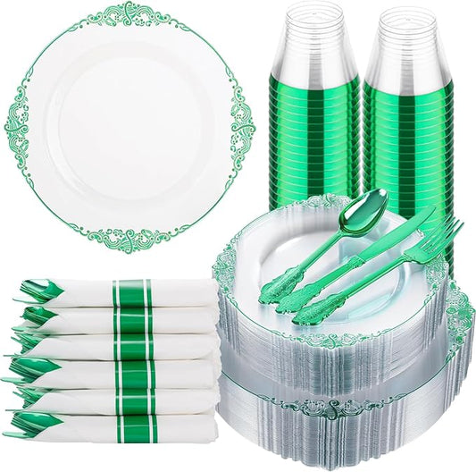 Hioasis 175pcs Clear and Green Plates - Green Party Plates for 25 Guest, Include 50 Heavy-duty Plates(20% Thicker Than Standard), 25 Pre Rolled Gold Plastic Silverware Set, 25 Cups for St. Patrick's D